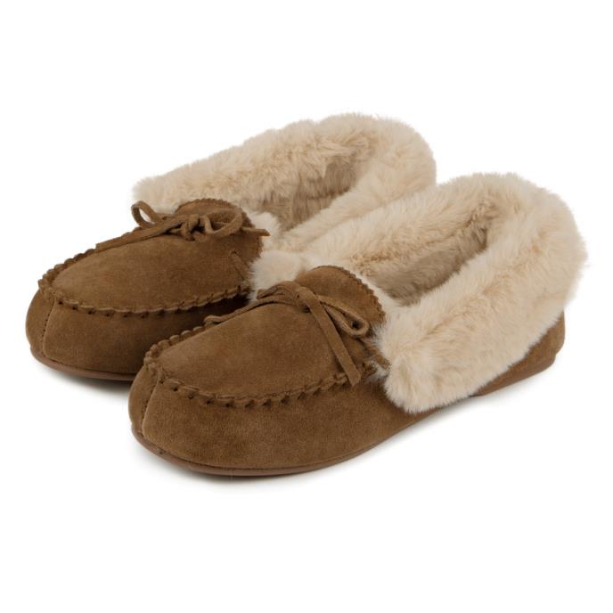 Isotoner Ladies Genuine Suede Moccasin with Faux Fur Lining Tan Extra Image 1